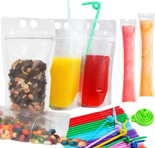 100 bolsas de doble cremallera para bebidas con 100 popotes y 30 bolsas de paletas plegables de mano resistentes para batidos, bebidas frías y