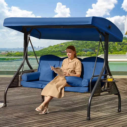 Columpio de porche para exteriores 3 en 1 con toldo ajustable, columpio de 3 asientos para adultos, columpio de patio con cojines gruesos, almohadas