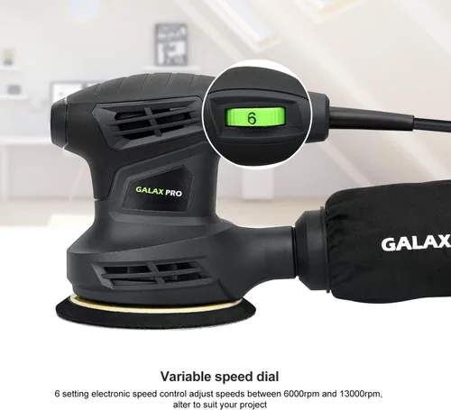 Miniatura 4 de GALAX PRO Lijadora orbital de 280 W 13000OPM de 6 velocidades variables con 15 discos de lijado, lijadora eléctrica de 5 pulgadas con colector