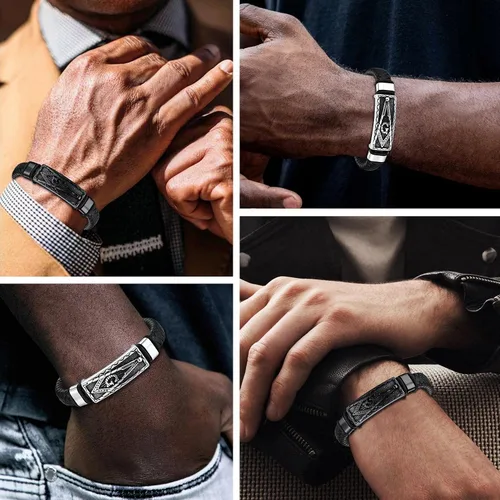 Miniatura 2 de Bestyle Pulseras vikingas trenzadas de cuero genuino para hombres y niños, pulseras vintage de martillo de Thorcalaveramasónico masón con cierre,