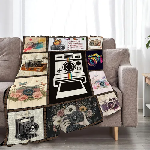 Miniatura 3 de Manta retro de forro polar para cámara, manta de fotografía para niñas y niños, manta vintage de franela súper suave y cálida, regalos para hombres