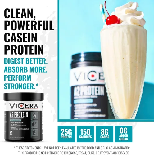 Miniatura 3 de VICERA Proteína en polvo A2, crema de vainilla, 0.88 oz de proteína por porción, mezcla de caseína de suero orgánico A2/A2 con probióticos y sal