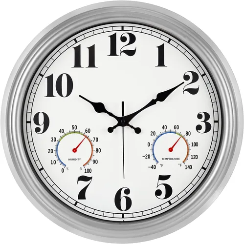 Miniatura 12 de JENLYSTIME Reloj de pared retro impermeable de 12 pulgadas para interior/exterior con termómetro, silencioso, redondo, de cuarzo, funciona con 40