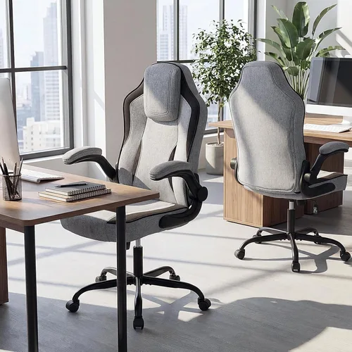 Miniatura 9 de Giantex Silla de oficina ergonómica, silla de escritorio de tela de lino con reposabrazos abatibles de 90°, altura ajustable, función mecedora, Gris