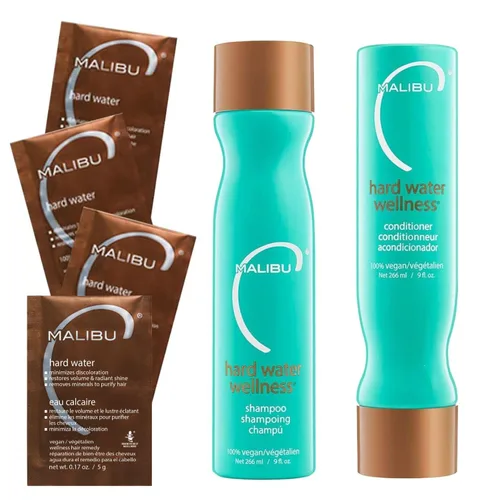 Malibu C Hard Water Wellness Remediy - Paquetes de champú de agua dura, acondicionador y mascarilla capilar para eliminar depósitos e impurezas, set