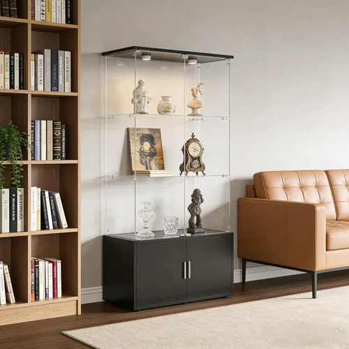 Miniatura 18 de Vitrina de cristal con 3 estantes con 2 puertas, vitrina de cristal transparente para sala de estar, dormitorio, 49.49 x 31.77 x 14.37 pulgadas