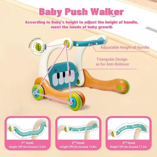 Miniatura 3 de Centro de gimnasio 3 en 1 para bebés, tapete de juego para el tiempo boca abajo, andador de bebé, piano para patear y tocar con música y luz