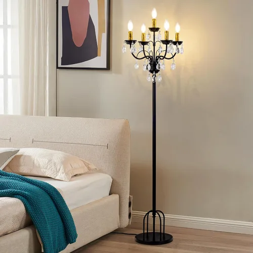 TOCHIC Lámpara de pie de cristal de 5 luces, lámpara de pie moderna de oro negro con interruptor de pie, 65 pulgadas de alto, candelabro vintage de