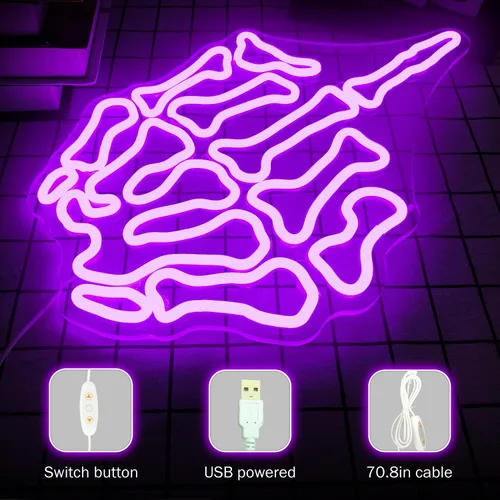 Miniatura 2 de Señales de neón de calavera con gesto para pared, luces de neón de dedo que se iluminan, señales LED regulables para dormitorio, cueva del hombre