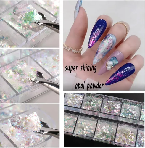 Miniatura 2 de Arte de uñas holográfico de ópalo con purpurina en polvo, pigmento iridiscente, cristal de hielo, paillettes de sirena, lentejuelas brillantes