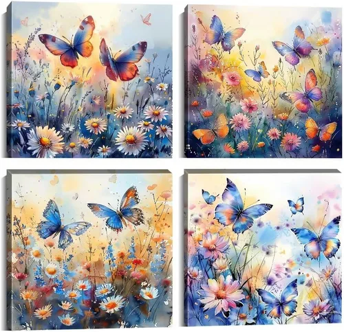 Miniatura 22 de Wall HDQ Arte de pared de flores para baño, dormitorio, sala de estar, decoración de pared azul y naranja, pintura floral, lienzo impreso, imagen