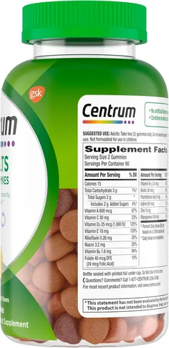 Miniatura 13 de Centrum MultiGummies Gummy Multivitamínico para adultos, suplemento multivitamínico/multimineral con vitaminas D, B y E, sabor a fruta surtido, 18