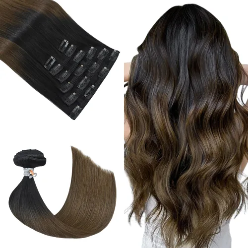 Miniatura 8 de Honsoo Extensiones de cabello humano real de color marrón con pinzas, marrón castaño, 15 pulgadas, 70 g, 7 unidades, cabello lacio sedoso y marrón
