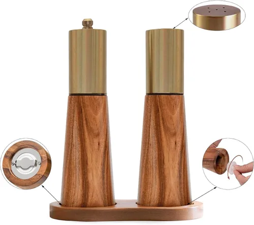 Miniatura 3 de Juego de molinillo de sal y pimienta, molinillo de pimienta de madera de acacia con grosor ajustable, molinillo de hoja de cerámica recargable