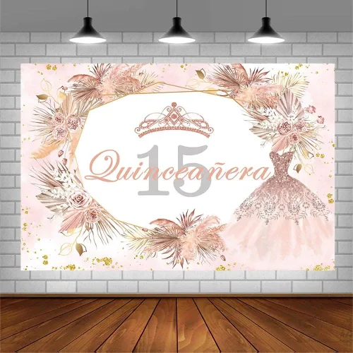 Miniatura 3 de Sendy Telón de fondo de quinceañera de 15 cumpleaños de 7 x 5 pies para niña dulce, bohemio, rosa dorado con purpurina Mis Quince Anos, decoración