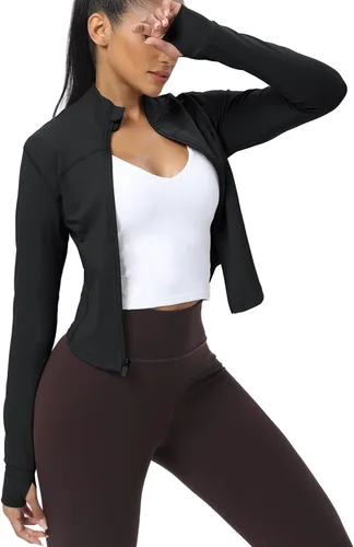 Miniatura 41 de AVGO Chaquetas de entrenamiento recortadas para mujer, con cremallera, ajustadas, atléticas, con agujeros para el pulgar