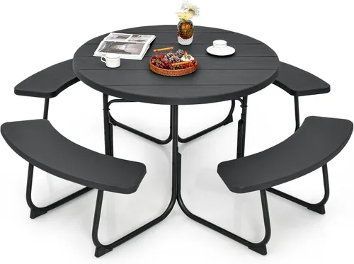 Miniatura 16 de Tangkula Mesa de picnic para 8 personas, mesa de picnic cuadrada al aire libre con 4 bancos integrados, agujero para paraguas, marco de metal y mesa