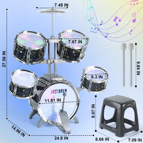 Miniatura 2 de Juego de batería para niños pequeños de 1 a 3 años, batería de jazz mejorada para niños, juguetes de instrumentos musicales y luces y todo plástico
