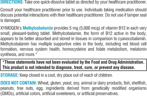 Miniatura 2 de XYMOGEN Metilcobalamina - 5 mg de vitamina B12 - Apoya la metilación saludable, la salud neurológica y la formación de glóbulos rojos - Sin OMG