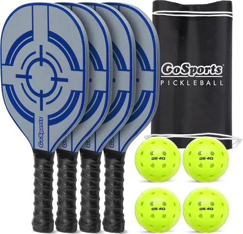 GoSports Juego de Pickleball - Clásico, Retro, Azul Acero, o Amarillo - Incluye 4 Palas, 4 Pickleballs de Regulación y Estuche de Transporte | 4