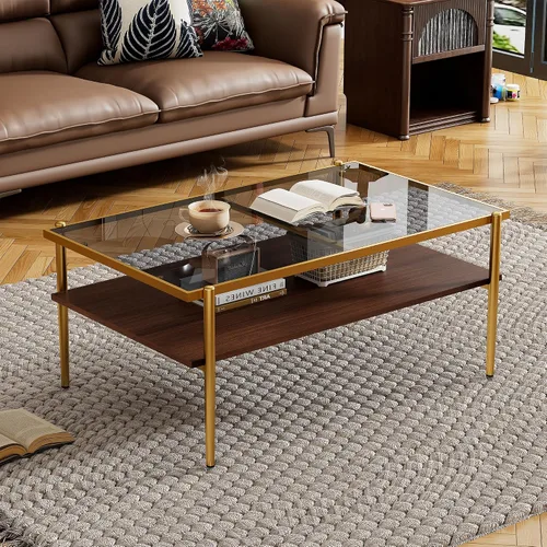 Miniatura 14 de Mesa de centro moderna rectangular con tapa de vidrio templado con estante de madera para el hogar, sala de estar, oficina, tienda o dormitorio