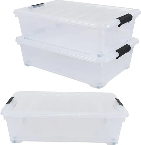 Cajas de almacenamiento de plástico de 25 cuartos de galón debajo de la cama, contenedor de almacenamiento con ruedas, paquete de 3, transparente