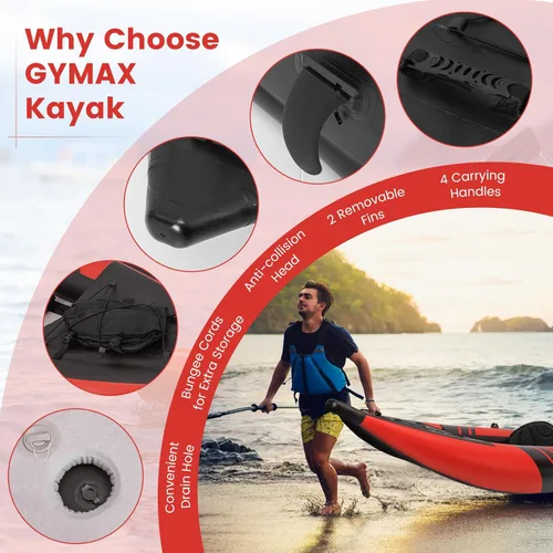 Miniatura 6 de GYMAX Kayak inflable, kayak tándem de 12.5 pies y 507 libras con 2 remos de aluminio, 2 asientos acolchados, reposapiés, 2 aletas, bomba de mano