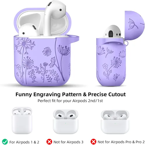 Miniatura 8 de Lerobo Funda con grabado de flores para AirPods, elegante protector de silicona suave con llavero, compatible con Apple AirPods de 1ª/2ª