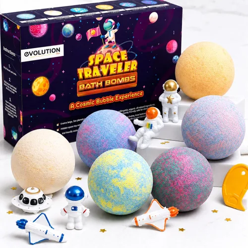 EvolutionUSA Bombas de baño espaciales para niños y niñas, 6 bolas de baño planetarias con juguete oculto en el interior, bombas de baño orgánicas