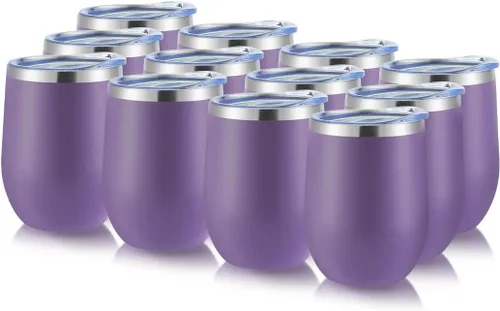 Miniatura 35 de DOMICARE - Juego de 8 vasos de vino de 12 onzas con tapa, hechos de acero inoxidable con aislamiento al vacío de doble pared, color celeste Azul