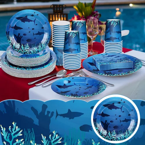Miniatura 6 de Marsui Juego de 200 piezas de vajilla de tiburón para fiesta de cumpleaños, diseño de tiburón, platos impresos, servilletas, tazas, decoraciones
