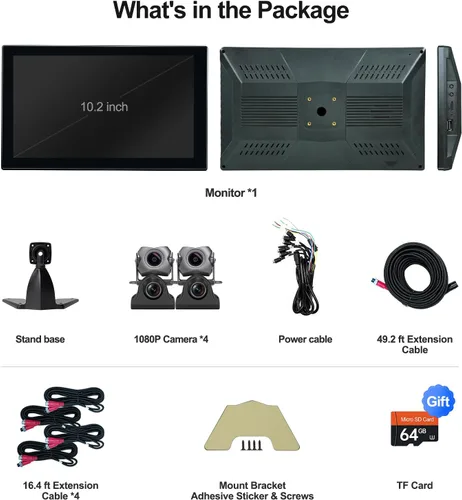 Miniatura 6 de Cámara de respaldo de 4 canales de 1080p con pantalla de 10.2 pulgadas, cámara de respaldo de grabación DVR