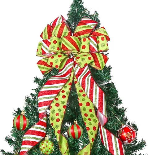 Miniatura 9 de Adorno de lazo grande para punta de árbol de Navidad y corona, lazo con cinta roja de arpillera y borde blanco de poliéster, para hogar, Acción