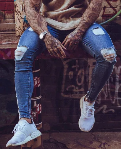 Miniatura 2 de HUNGSON Pantalones de mezclilla ajustados para hombre elásticos rasgados rasgados con rayas laterales Azul