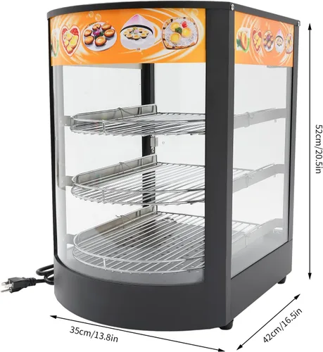 Miniatura 6 de Calentador de alimentos, 3 niveles de 800 W, pantalla de calentador de alimentos comercial para encimera eléctrica, estantes extraíbles, puerta