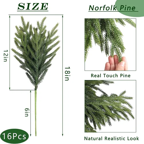 Miniatura 6 de 16 ramas de pino Norfolk con textura suave, 18 pulgadas, plantas verdes artificiales de Navidad, ramas de tallo de vegetación sintética, palillos