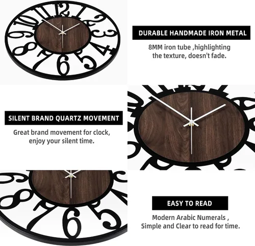 Miniatura 4 de 1st owned Reloj de pared para sala de estar - 33 cm Silencioso sin tictac, funciona con baterías, metal negro, relojes de pared de madera antigua
