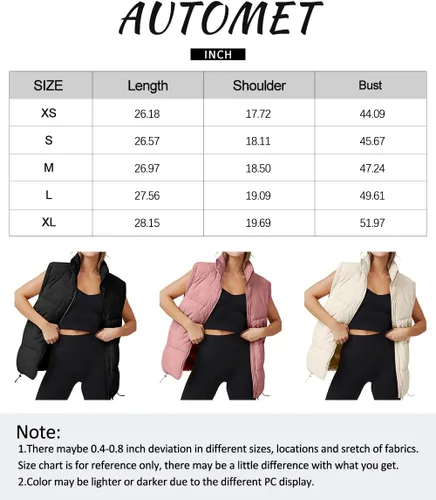 Miniatura 7 de AUTOMET Chaleco acolchado para mujer, sin mangas, con cremallera, cálido, acolchado, ligero, con bolsillo, chaquetas de otoño e invierno 2024