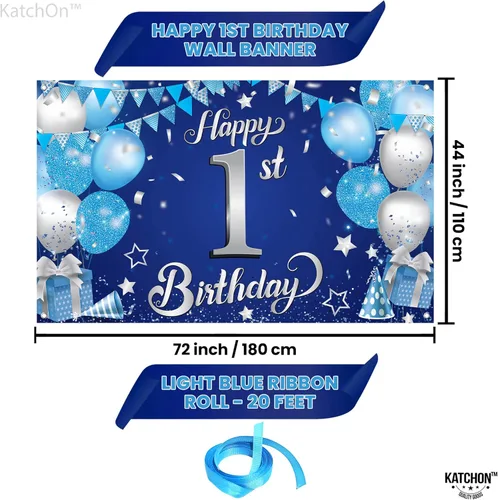 Miniatura 2 de KatchOn, Cartel de feliz primer cumpleaños para niño, 72 x 44 pulgadas, Xtralarge, telón de fondo azul y plateado para el primer cumpleaños