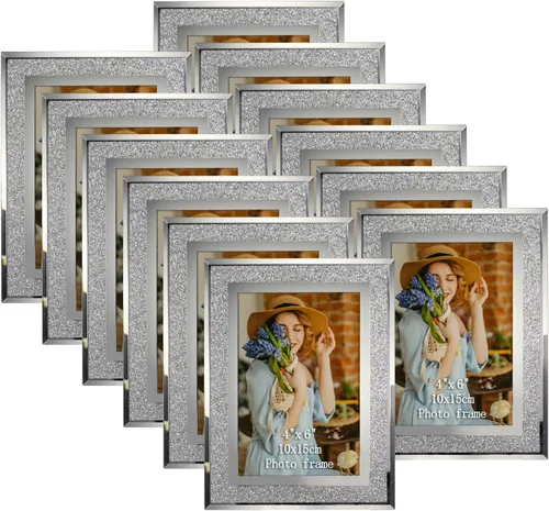 Calenzana Juego de 12 marcos de fotos con purpurina de 4 x 6, marco de fotos de cristal brillante para mesa, pantalla horizontal o vertical