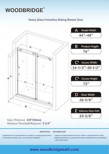 Miniatura 6 de WOODBRIDGE Puerta de ducha sin marco de 44-48 pulgadas de ancho x 76 pulgadas de alto, vidrio templado transparente de 3/8 (0.394 in) con película a