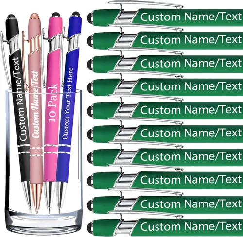 Miniatura 25 de Bolígrafos personalizados con nombre, paquete de 10 bolígrafos personalizados a granel, bolígrafo de tinta negra grabada con punta de lápiz óptico