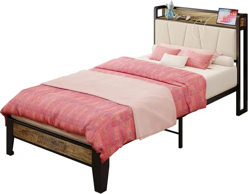 Miniatura 94 de LIKIMIO Base de cama Queen, cabecera de almacenamiento con estación de carga, sólida y estable, sin ruido, no necesita somier, fácil montaje Vintage