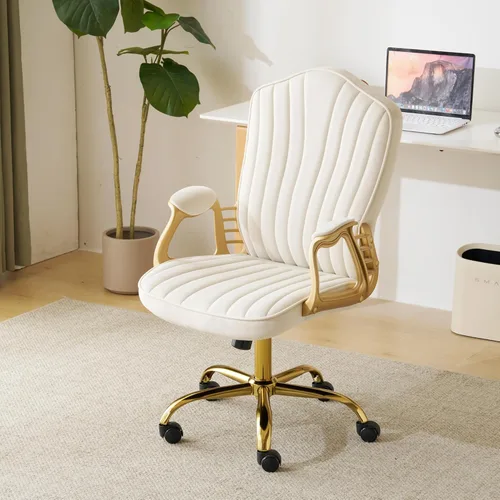 Silla de oficina en casa de terciopelo con brazos y patas dorados, cómoda silla de escritorio giratoria tapizada y capitonada, cómoda con ruedas