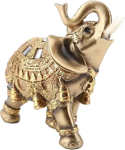 Miniatura 5 de ZJchao Escultura de elefante dorado, artesanía de la suerte, estatua de elefante dorado de Feng Shui, figura de riqueza para decoración del hogar (L)