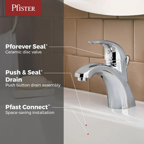 Miniatura 2 de Pfister Parisa - Grifo de lavabo de baño de una sola manija con acabado cromado pulido con drenaje de empuje y sellado, tecnología de válvula