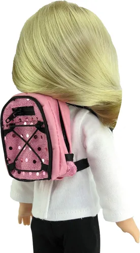 Miniatura 2 de American Fashion World Mochila escolar de lentejuelas rosas para muñecas de 14 pulgadas Calidad premium y diseño moderno Accesorios para muñecas