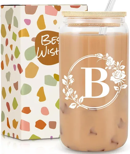 Miniatura 18 de Regalos de cumpleaños para mujeres, taza de vidrio personalizada con monograma de iniciales para mujeres, tazas de vidrio de 16oz con tapas