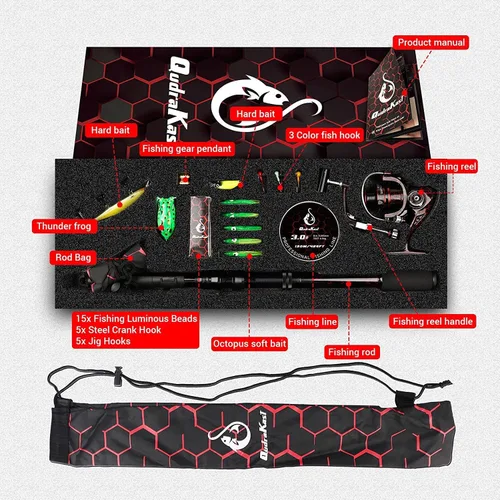Miniatura 7 de Combos de caña de pescar y carrete, diseño único con pintura X-Warping, caña de pescar telescópica de fibra de carbono con carrete combinado con Rojo