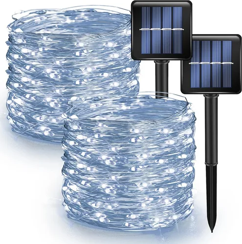 Miniatura 10 de Dazzle Bright Paquete de 2 tiras de luces solares para exteriores, total de 80 pies, 240 luces LED solares impermeables, 8 modos, luces de alambre